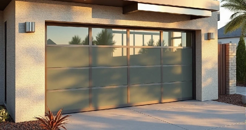 A close-up of a new garage door using garage door opener