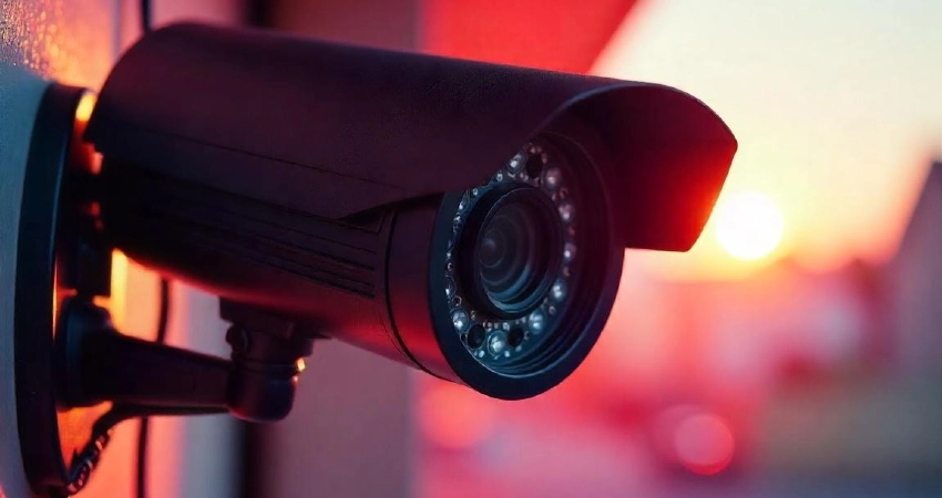 A close-up view of garage door security camera