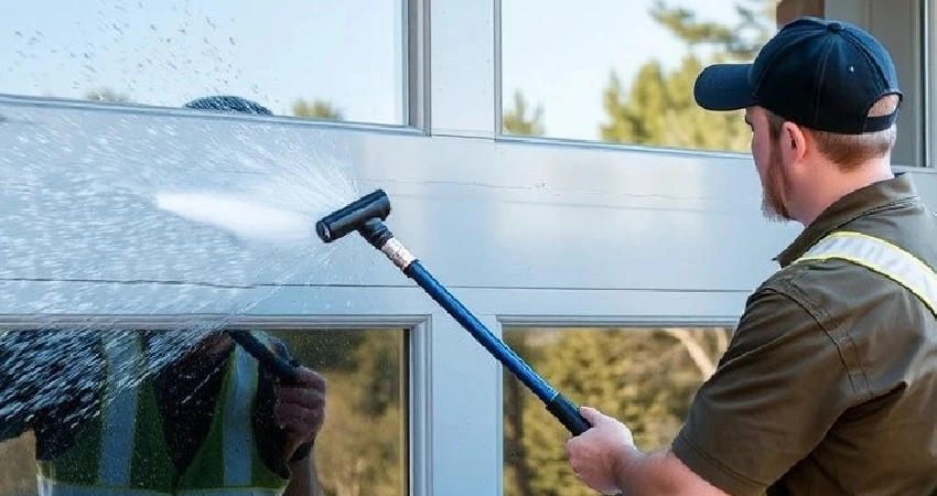 A homeowner washing a glass garage doors