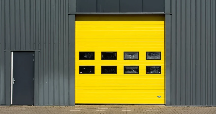A vibrant yellow steel garage door
