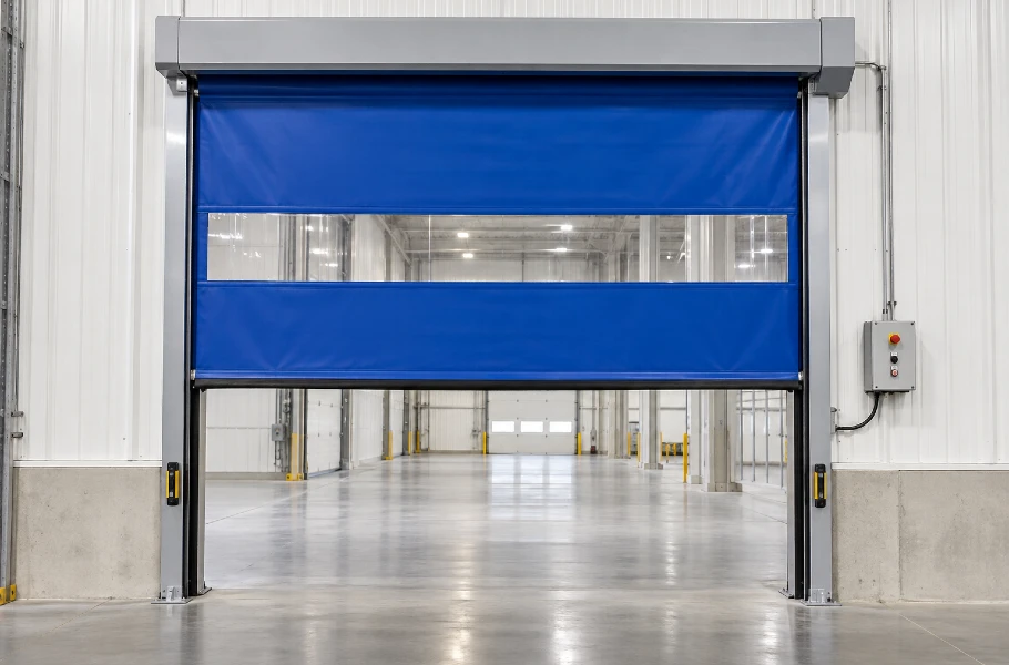 Blue high-speed fabric roll-up door with a clear vision panel inside a warehouse
