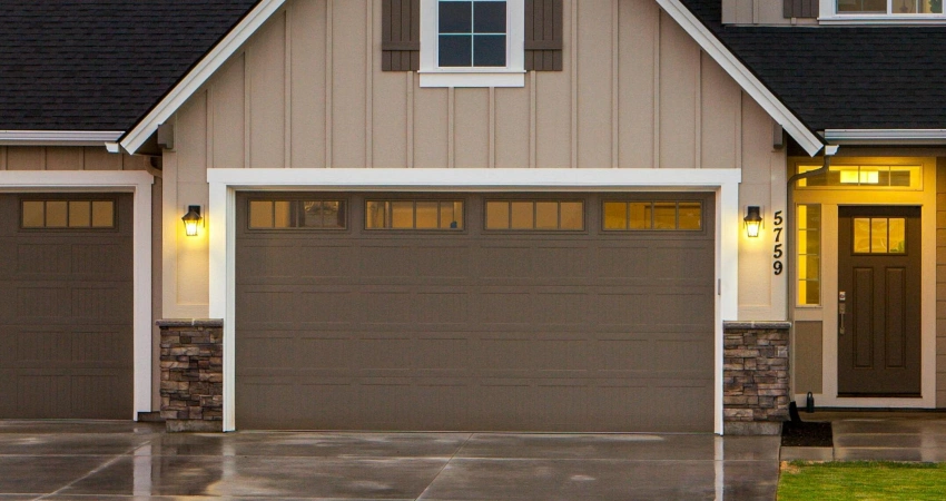 Brown garage door with weatherstripping.