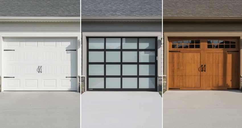 Comparison of three distinct types of garage doors, highlighting various styles and materials