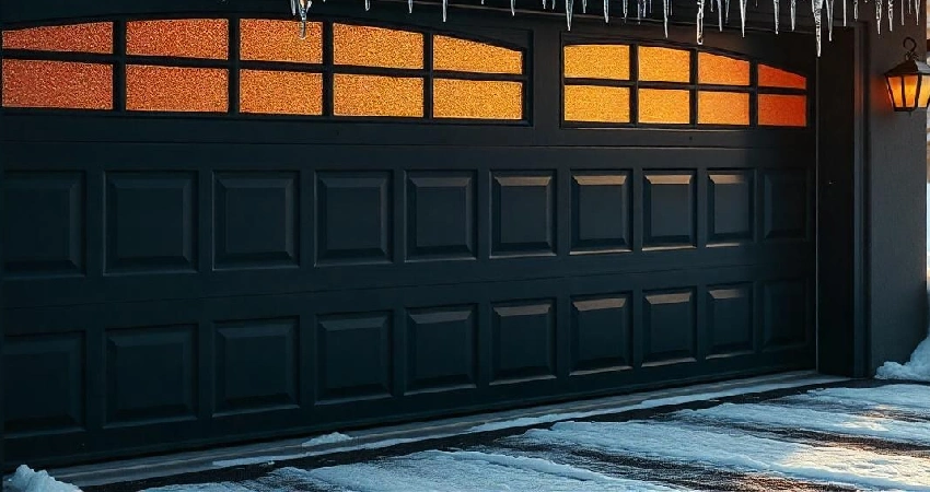 Frosted glass panels on a garage door in the winter