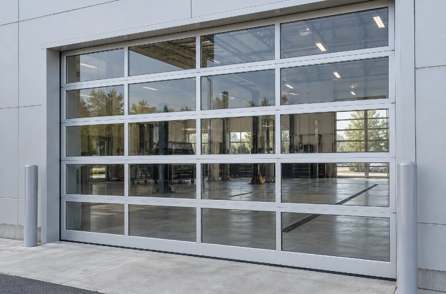 Full-view aluminum garage door with clear glass panels at a commercial service bay