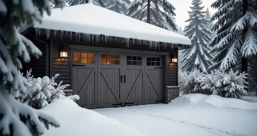 Garage door surrounded by snow and ice