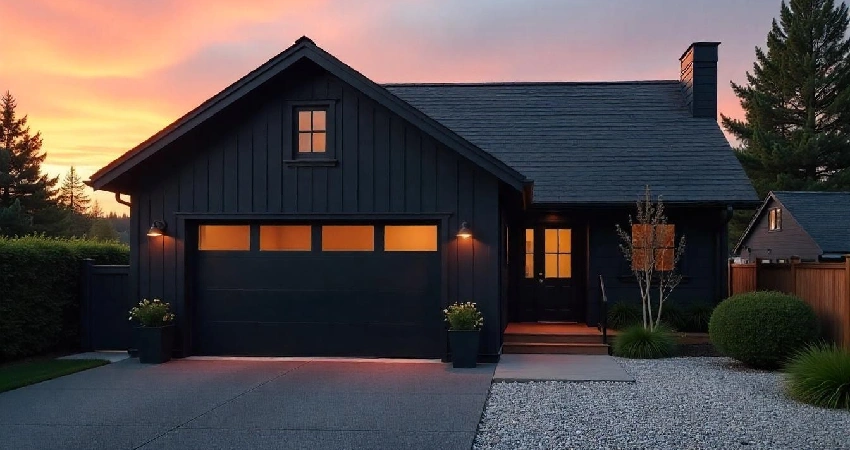 Garage door with a sleek, black finish