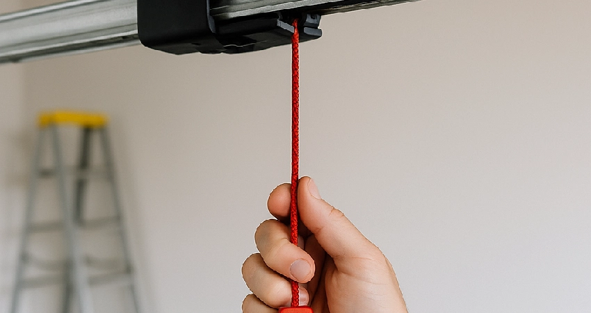 Hand pulling the red release cord to door manually open before inspection