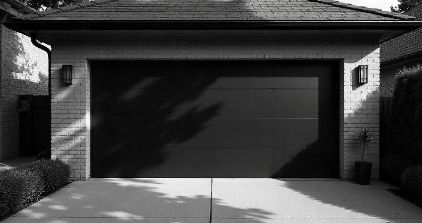 Light-colored house with a black garage door