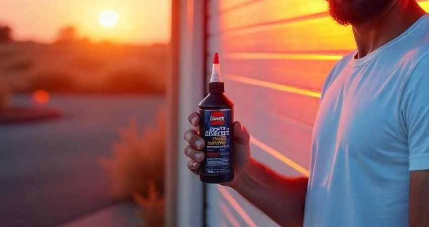Man holding a bottle of lubricant in front of a garage door