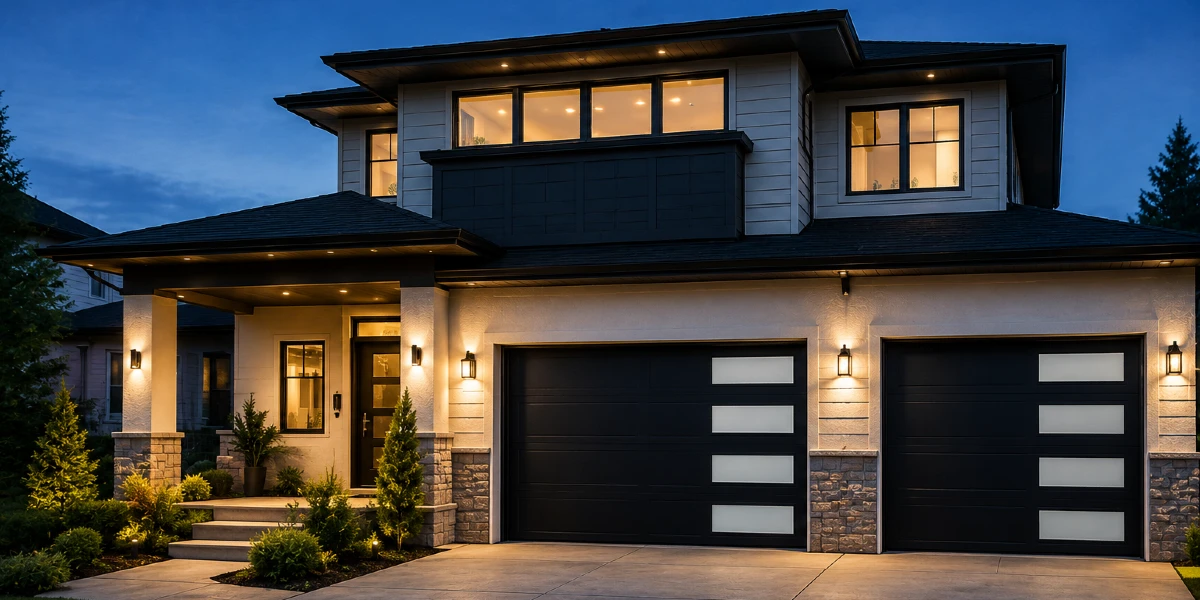 Modern suburban home at dusk