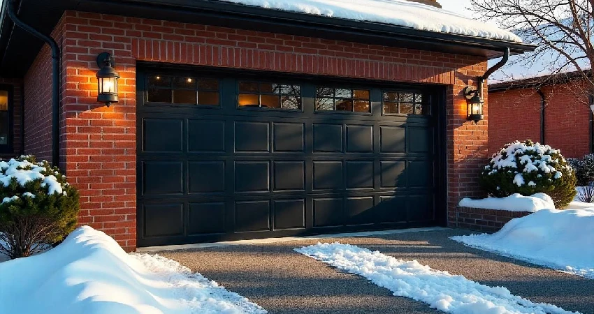 Red-brick house with a black garage door