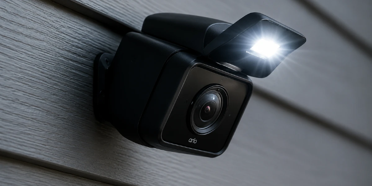 Sleek security camera with spotlight at night