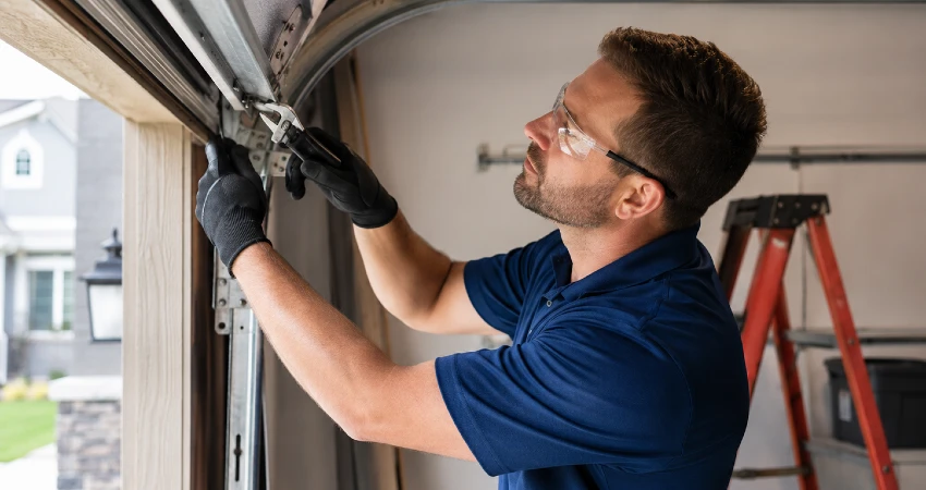 Technician fixing a garage door