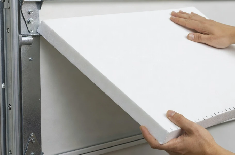 White residential garage door with panels and exterior weather sealing