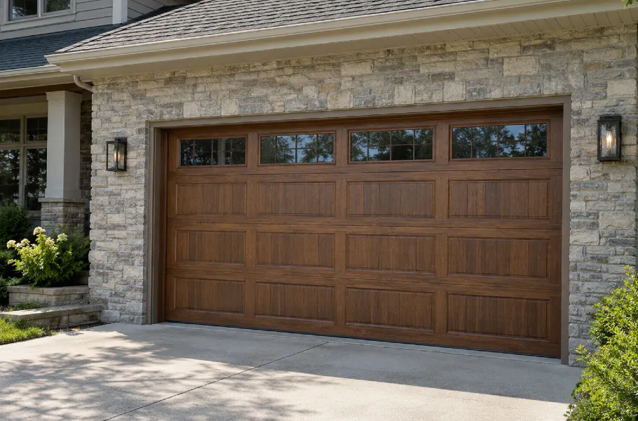 Wood-look fiberglass garage door on a modern suburban home