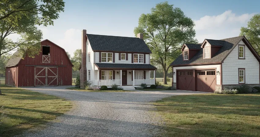 a charming house alongside a rustic barn and a Carriage House Garage