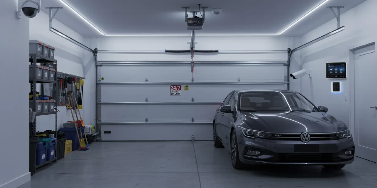 a modern garage equipped with various security systems