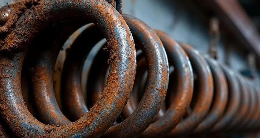 an old garage door spring that shows signs of wear and tear