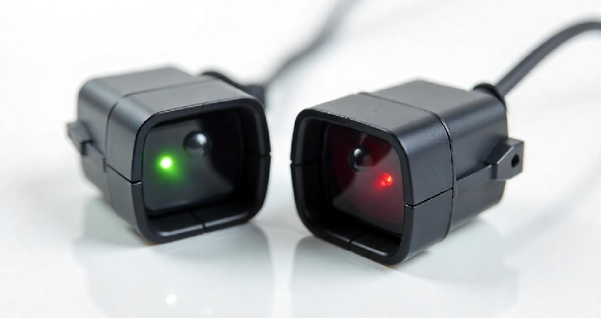 close-up of photo eye sensors for garage doors