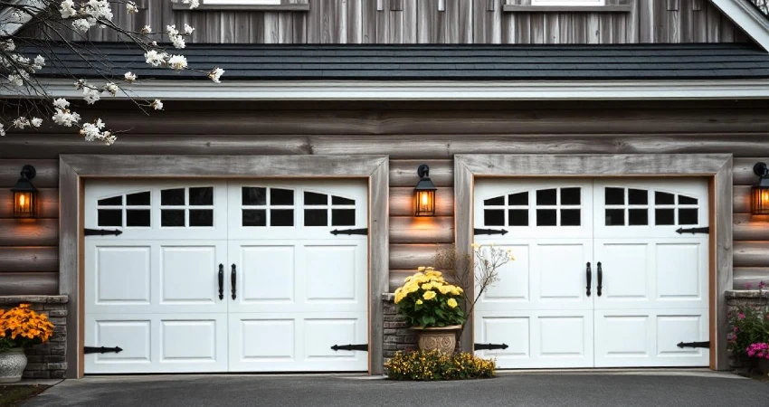 farmhouse-style house with painted wood garage doors