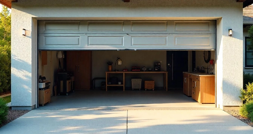 garage door opening and revealing the inside of a garage