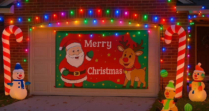 garage door with christmas banner and snowmen