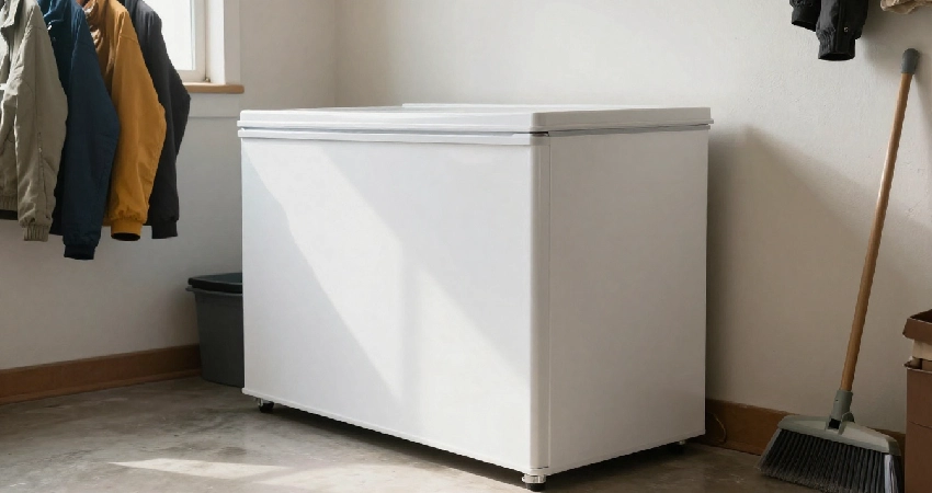 garage-ready chest freezer against a wall beside a broom and jackets