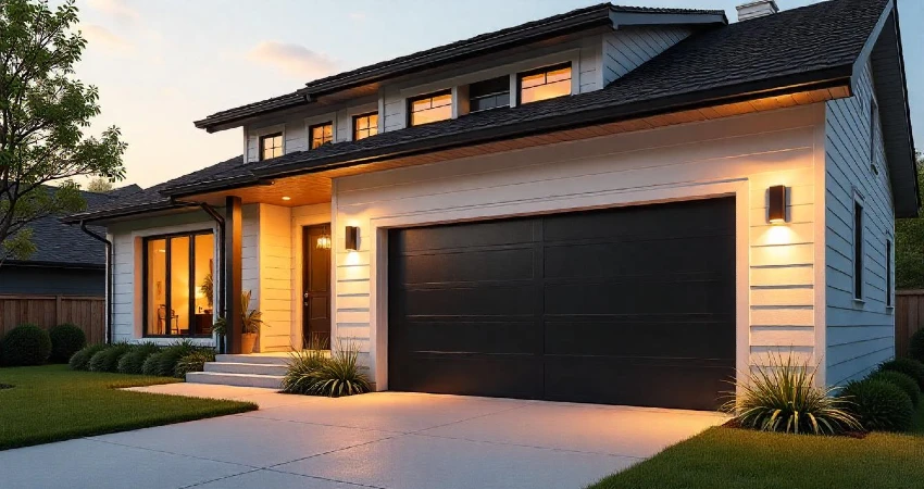 house with a black garage door