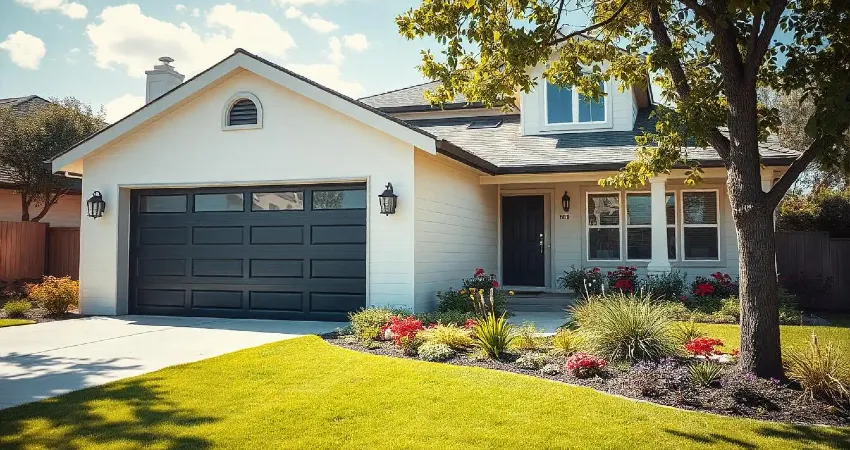 house with a new garage door in a dark black color
