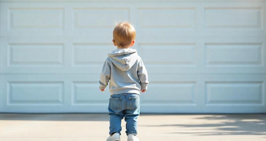 little kid standing in front of a garage door