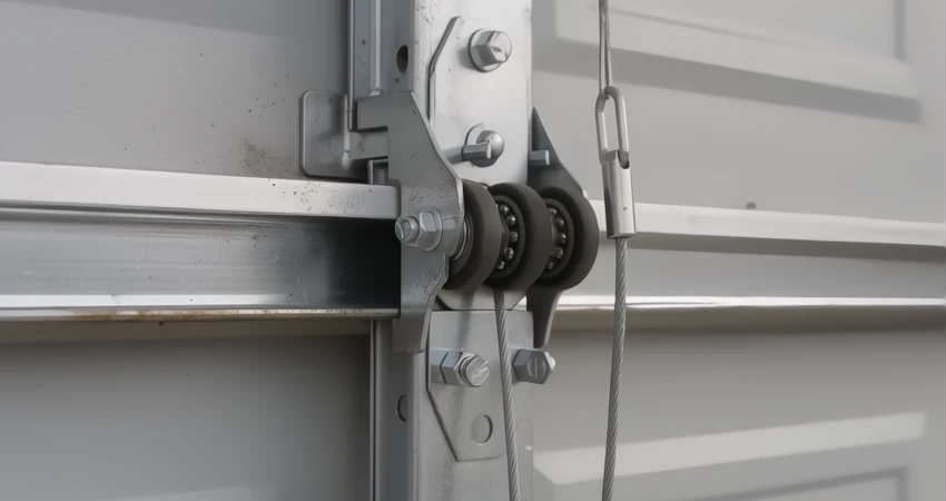 major components of a garage door system, including rollers, tracks, and cables