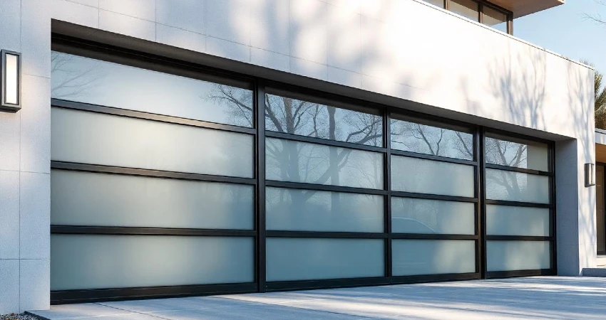 modern house with a frosted glass panel garage door