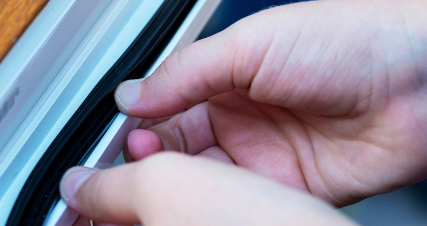 person checking garage door weather stripping