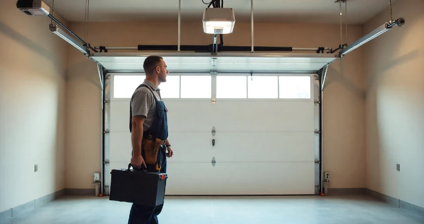 repair man standing beneath a garage door opener