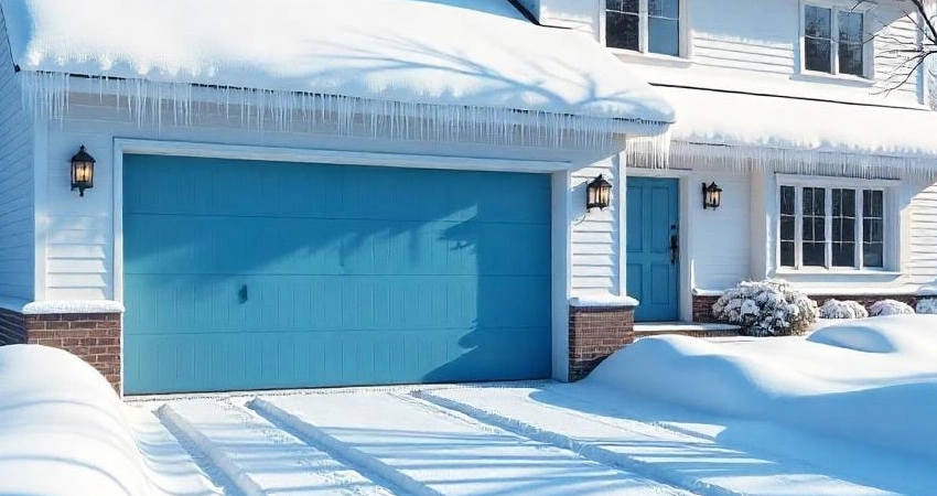 snow covered house with insulated garage door