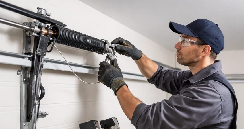 technician servicing garage door spring system