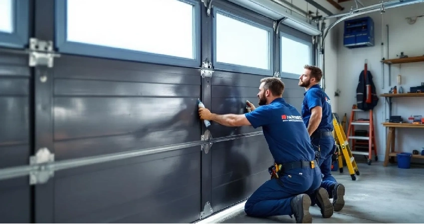 well known members from Jolly Goat seal a garage door