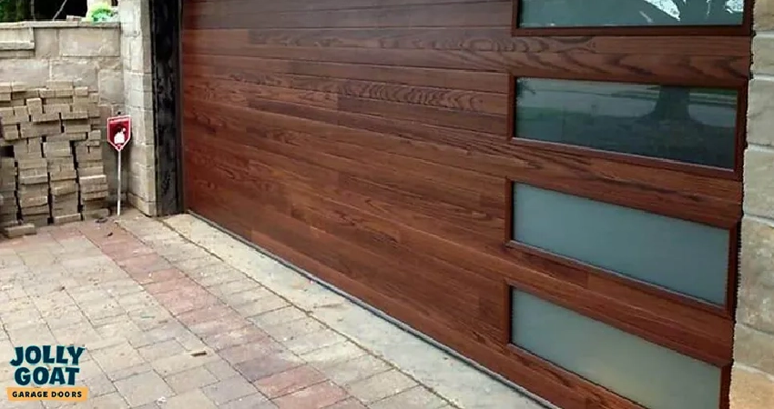 wooden garage door with stylish windows